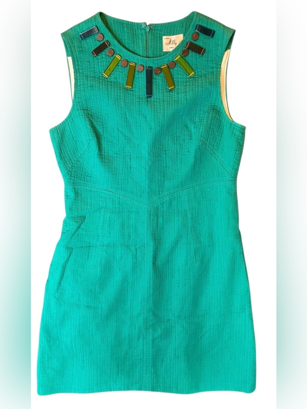 Vintage Milly New York Textured Emerald Green Beaded Cotton Shift Pockets sz10